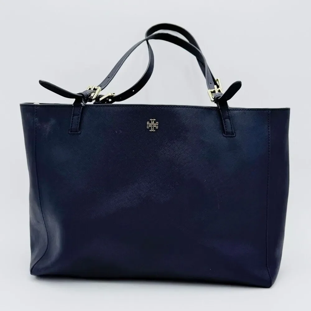 Tory Burch Navy Blue Saffiono Robinson Clutch Textured Leather Tote